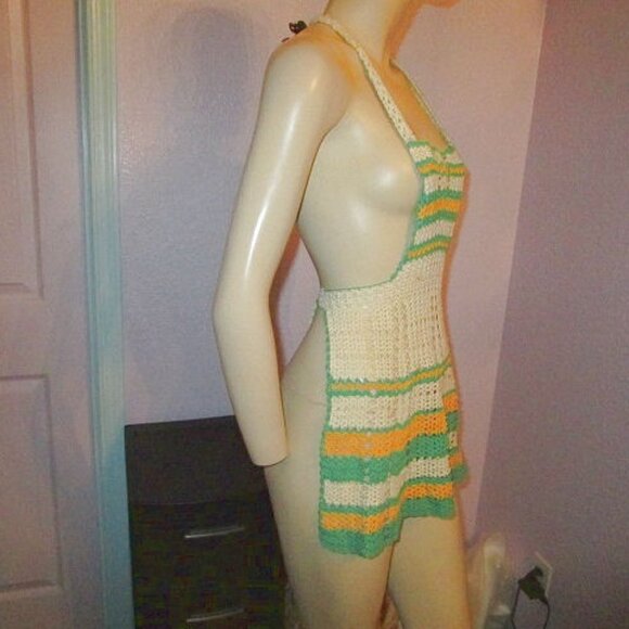 Vtg Hand CROCHET Country APRON Tie Back HALTER 50s 60s 70s Housewife RETRO Boho - Picture 6 of 9